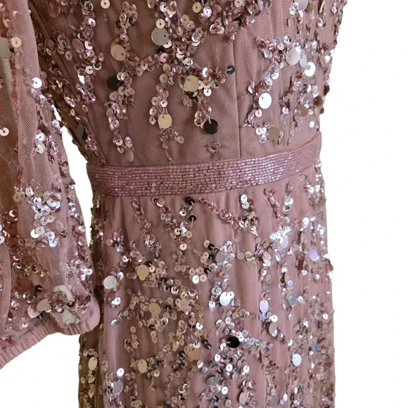 Mac Duggal 93790 Pink Rosewood Beaded Sequin Gown Puff Sleeve Formal Dress 16 - Picture 10 of 14